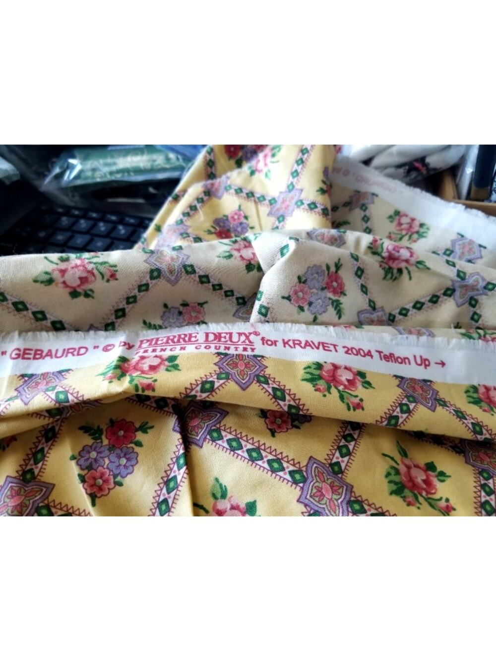 Material Keepsake Cotton Gold Fabric Triangle Flowers Purple Pink Green Geometri